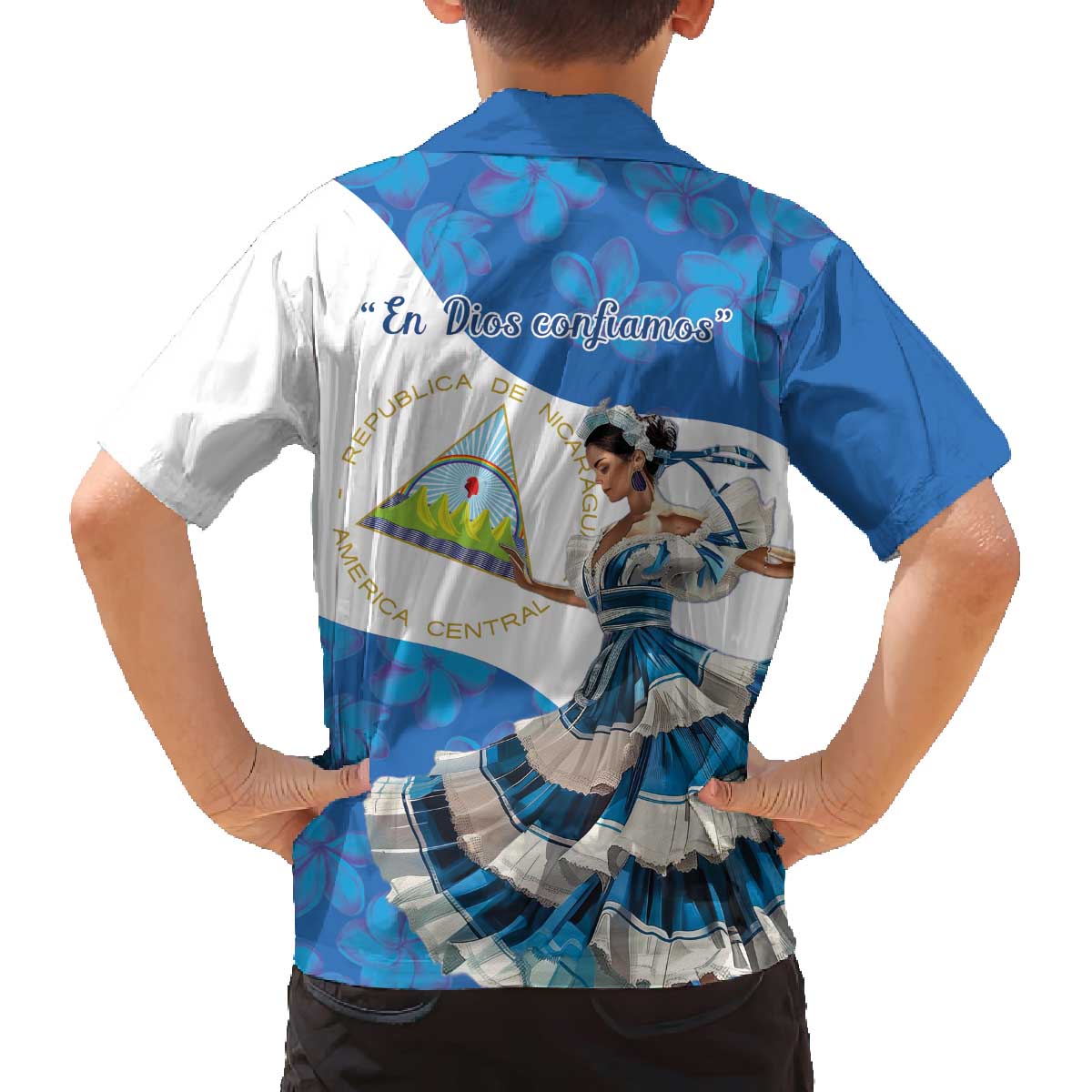 Felices Fiestas Patrias Nicaragua Family Matching Off The Shoulder Long Sleeve Dress and Hawaiian Shirt Bailes Nicaraguan Girl - Wonder Print Shop