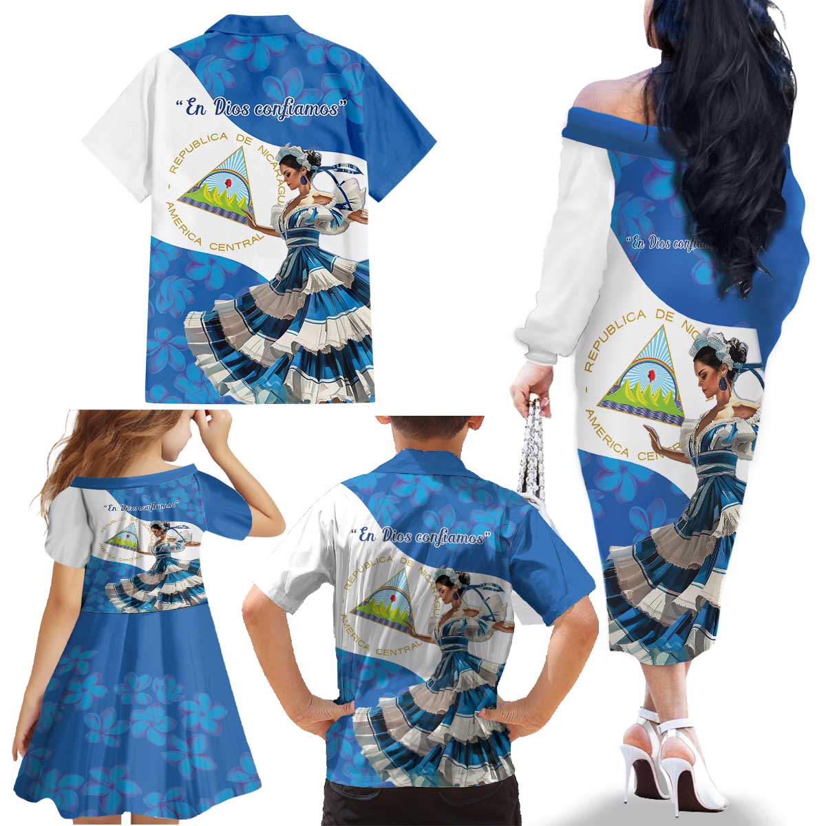 Felices Fiestas Patrias Nicaragua Family Matching Off The Shoulder Long Sleeve Dress and Hawaiian Shirt Bailes Nicaraguan Girl - Wonder Print Shop
