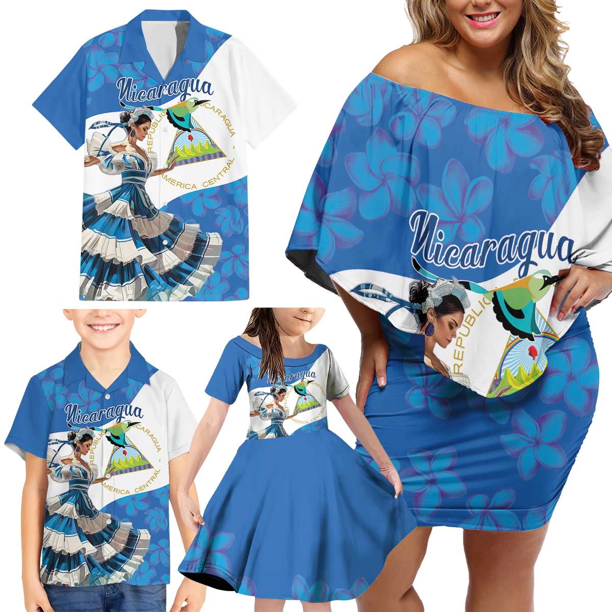 Felices Fiestas Patrias Nicaragua Family Matching Off Shoulder Short Dress and Hawaiian Shirt Bailes Nicaraguan Girl - Wonder Print Shop