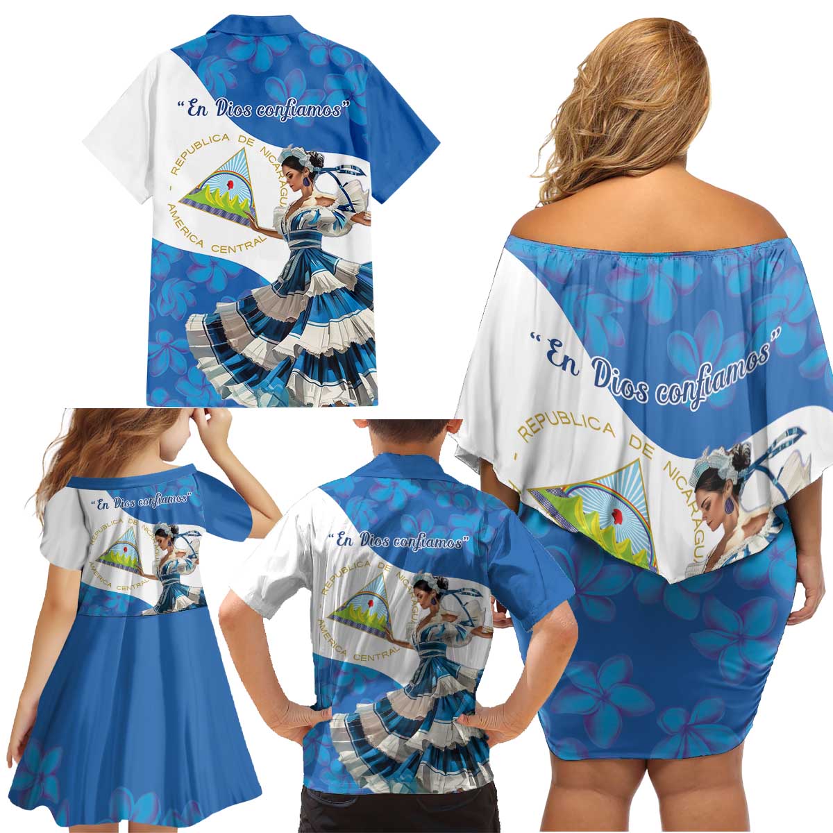 Felices Fiestas Patrias Nicaragua Family Matching Off Shoulder Short Dress and Hawaiian Shirt Bailes Nicaraguan Girl - Wonder Print Shop