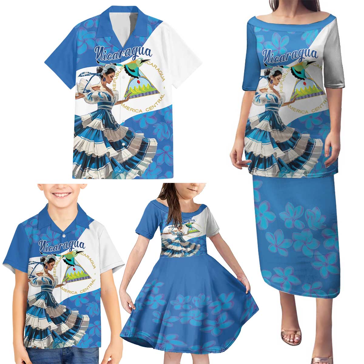 Felices Fiestas Patrias Nicaragua Family Matching Puletasi and Hawaiian Shirt Bailes Nicaraguan Girl - Wonder Print Shop