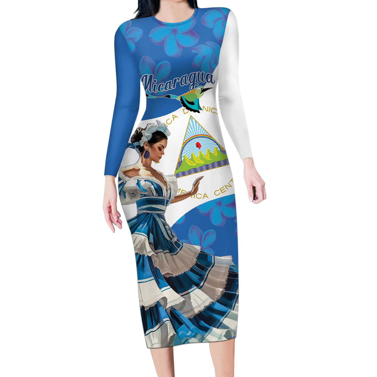 Felices Fiestas Patrias Nicaragua Long Sleeve Bodycon Dress Bailes Nicaraguan Girl - Wonder Print Shop