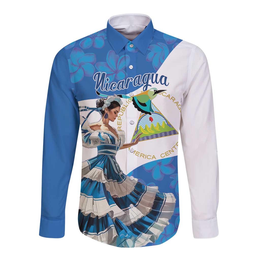 Felices Fiestas Patrias Nicaragua Long Sleeve Button Shirt Bailes Nicaraguan Girl - Wonder Print Shop