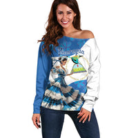 Felices Fiestas Patrias Nicaragua Off Shoulder Sweater Bailes Nicaraguan Girl - Wonder Print Shop