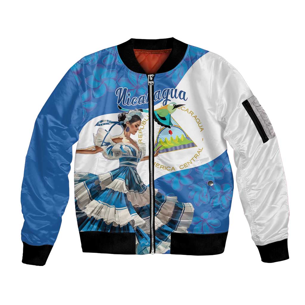 Felices Fiestas Patrias Nicaragua Sleeve Zip Bomber Jacket Bailes Nicaraguan Girl - Wonder Print Shop