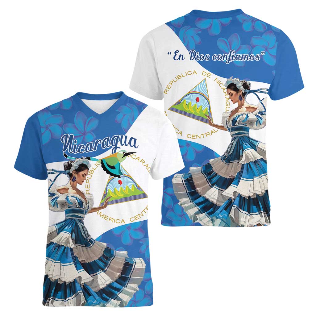 Felices Fiestas Patrias Nicaragua Women V-Neck T-Shirt Bailes Nicaraguan Girl - Wonder Print Shop