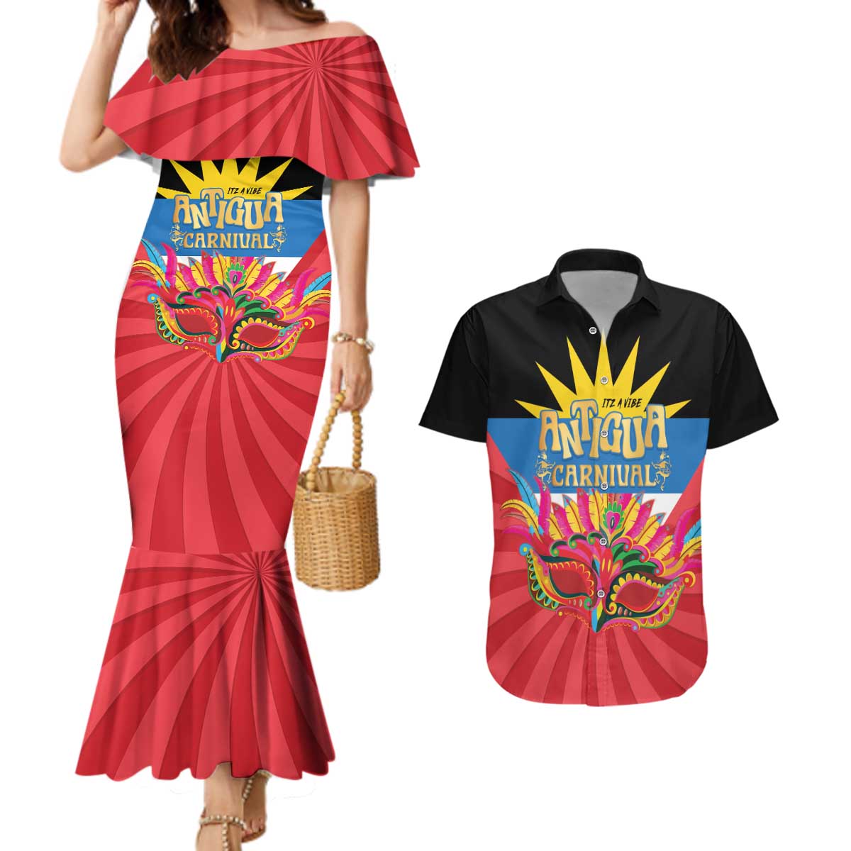 Antigua Carnival Couples Matching Mermaid Dress and Hawaiian Shirt Greatest Summer Festival Of Caribbean LT14