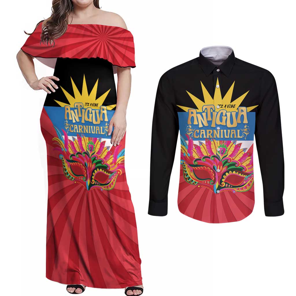 Antigua Carnival Couples Matching Off Shoulder Maxi Dress and Long Sleeve Button Shirt Greatest Summer Festival Of Caribbean LT14