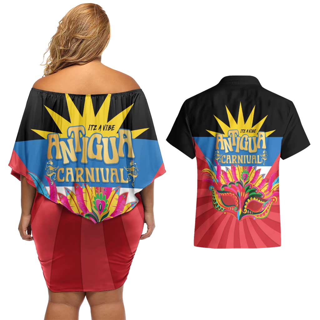 Antigua Carnival Couples Matching Off Shoulder Short Dress and Hawaiian Shirt Greatest Summer Festival Of Caribbean LT14
