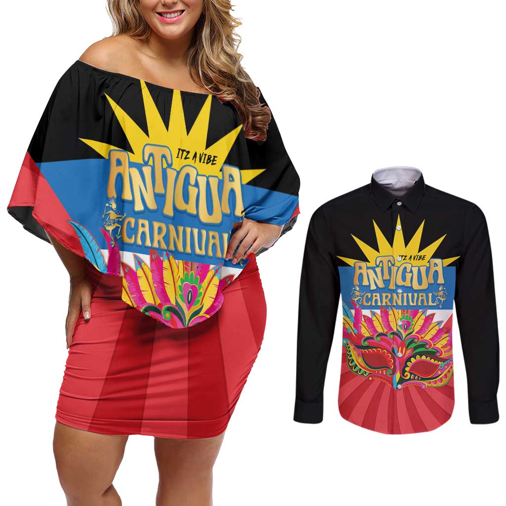 Antigua Carnival Couples Matching Off Shoulder Short Dress and Long Sleeve Button Shirt Greatest Summer Festival Of Caribbean LT14