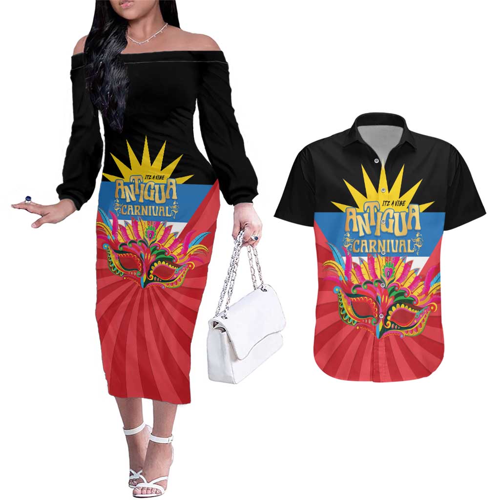 Antigua Carnival Couples Matching Off The Shoulder Long Sleeve Dress and Hawaiian Shirt Greatest Summer Festival Of Caribbean LT14