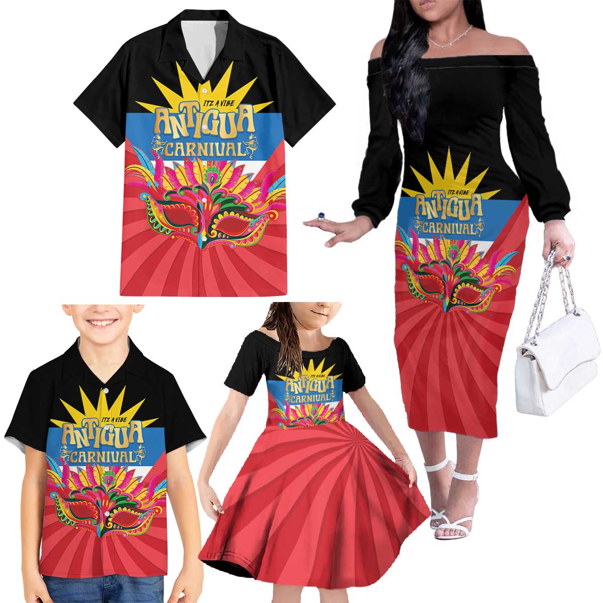 Antigua Carnival Family Matching Off The Shoulder Long Sleeve Dress and Hawaiian Shirt Greatest Summer Festival Of Caribbean LT14