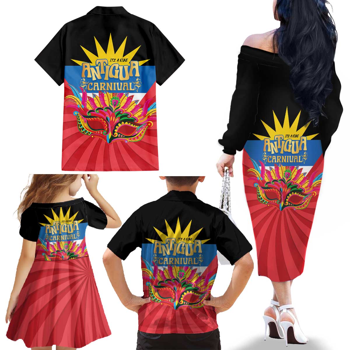Antigua Carnival Family Matching Off The Shoulder Long Sleeve Dress and Hawaiian Shirt Greatest Summer Festival Of Caribbean LT14
