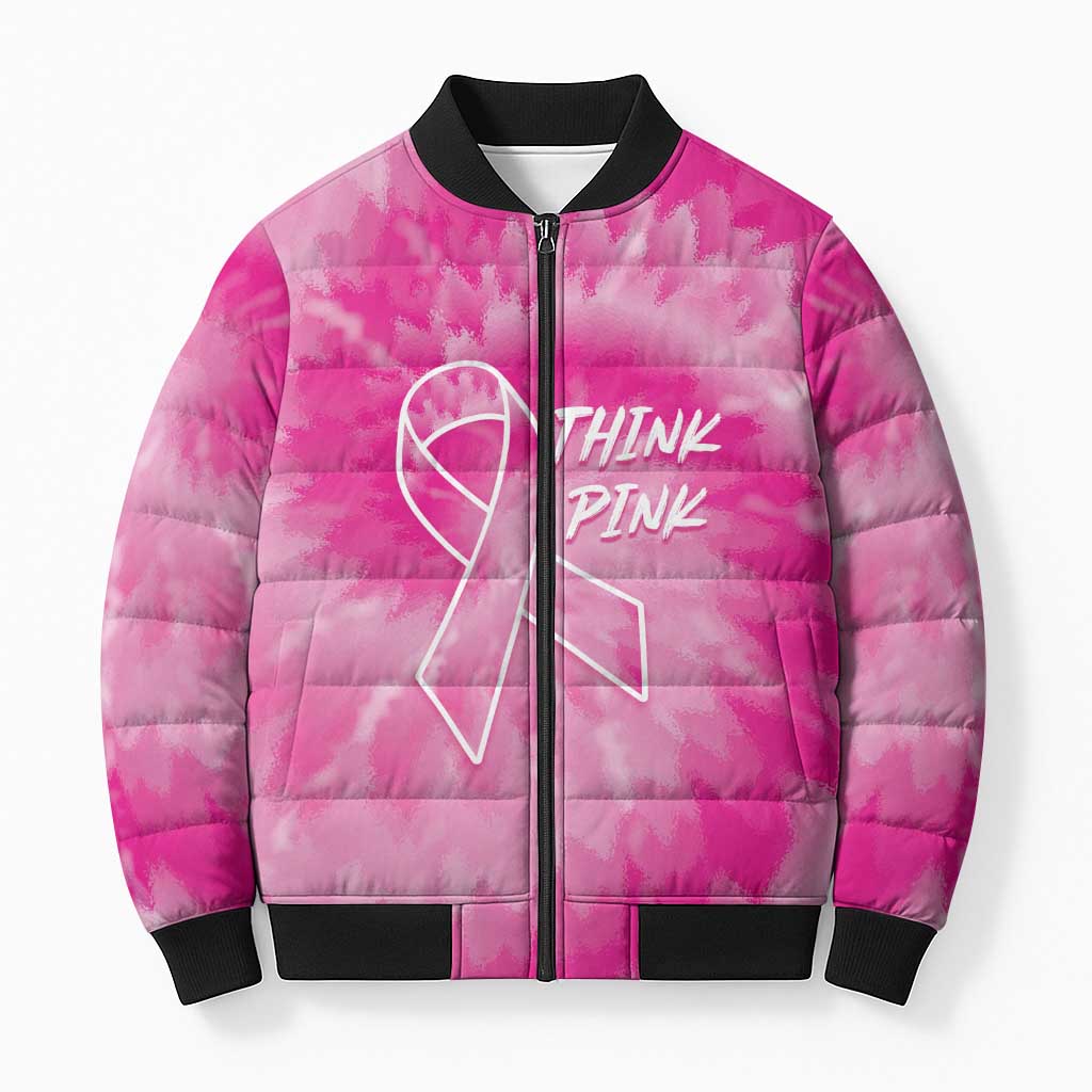 Breast Cancer Awareness Bomber Puffer Jacket Think Pink Tie Dye Ribbon - Wonder Print Shop