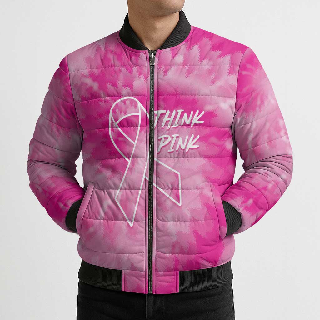 Breast Cancer Awareness Bomber Puffer Jacket Think Pink Tie Dye Ribbon - Wonder Print Shop