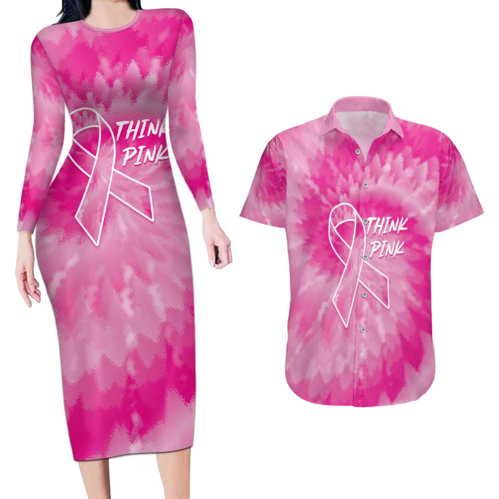 Personalized Breast Cancer Awareness Couples Matching Long Sleeve Bodycon Dress and Hawaiian Shirt Think Pink Tie Dye Ribbon - Wonder Print Shop