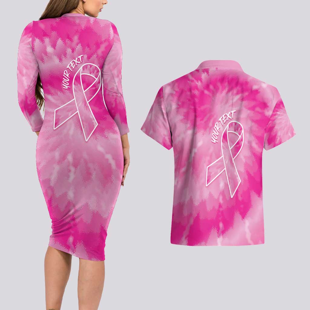 Personalized Breast Cancer Awareness Couples Matching Long Sleeve Bodycon Dress and Hawaiian Shirt Think Pink Tie Dye Ribbon - Wonder Print Shop