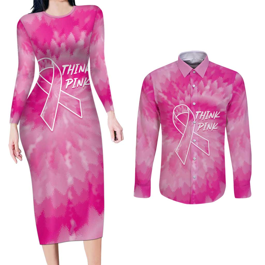Personalized Breast Cancer Awareness Couples Matching Long Sleeve Bodycon Dress and Long Sleeve Button Shirt Think Pink Tie Dye Ribbon - Wonder Print Shop