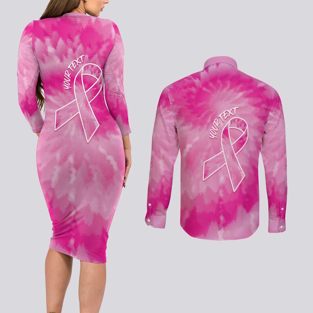 Personalized Breast Cancer Awareness Couples Matching Long Sleeve Bodycon Dress and Long Sleeve Button Shirt Think Pink Tie Dye Ribbon - Wonder Print Shop