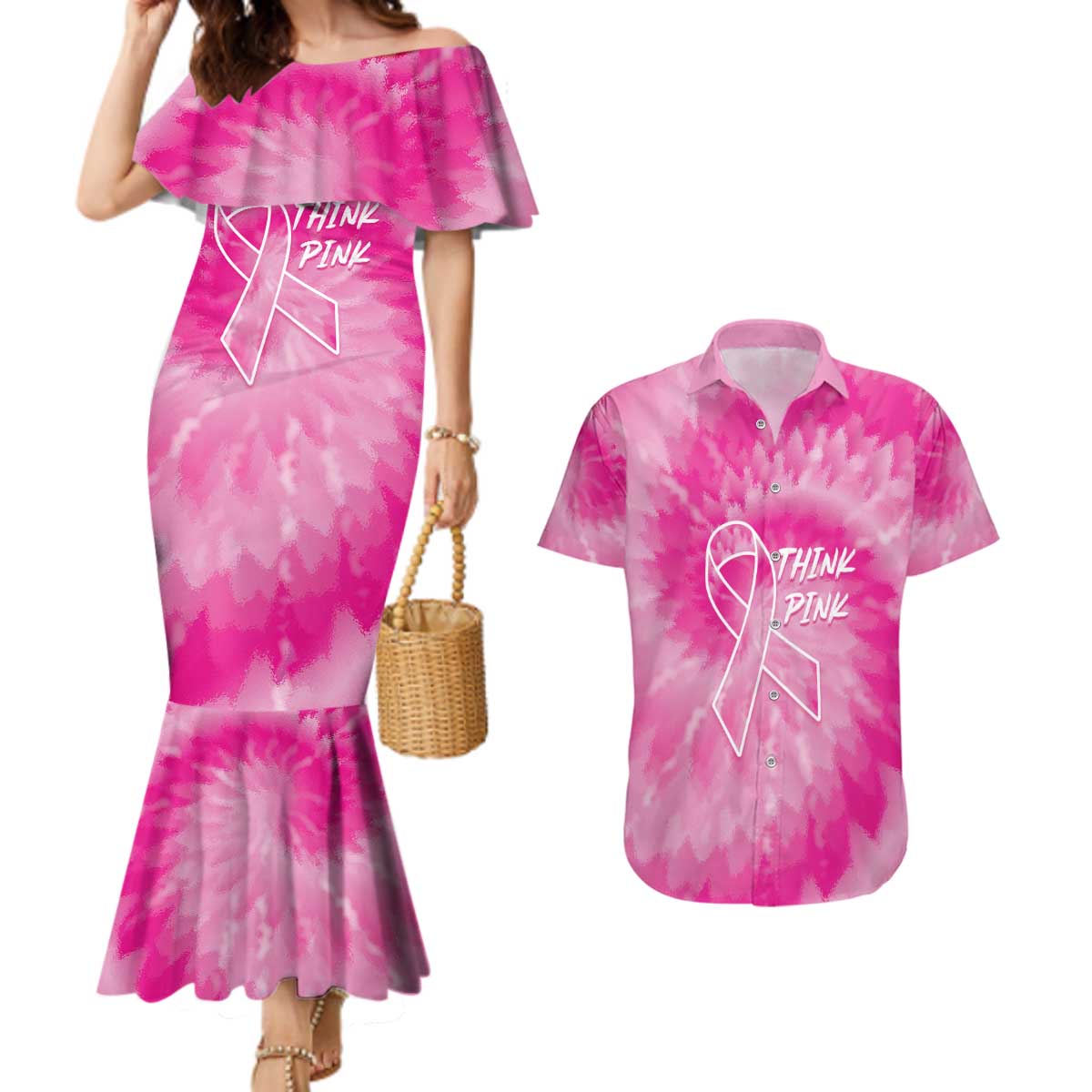 Personalized Breast Cancer Awareness Couples Matching Mermaid Dress and Hawaiian Shirt Think Pink Tie Dye Ribbon - Wonder Print Shop