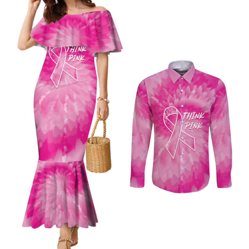 Personalized Breast Cancer Awareness Couples Matching Mermaid Dress and Long Sleeve Button Shirt Think Pink Tie Dye Ribbon - Wonder Print Shop