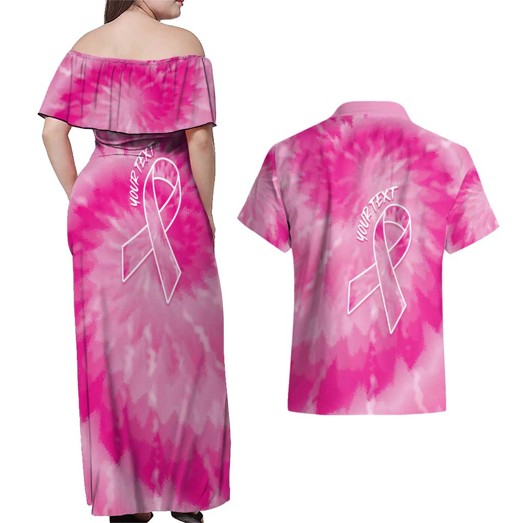 Personalized Breast Cancer Awareness Couples Matching Off Shoulder Maxi Dress and Hawaiian Shirt Think Pink Tie Dye Ribbon - Wonder Print Shop