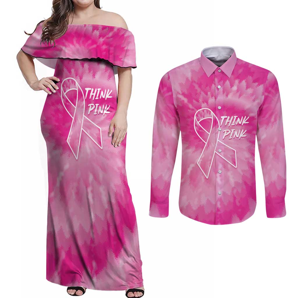 Personalized Breast Cancer Awareness Couples Matching Off Shoulder Maxi Dress and Long Sleeve Button Shirt Think Pink Tie Dye Ribbon - Wonder Print Shop