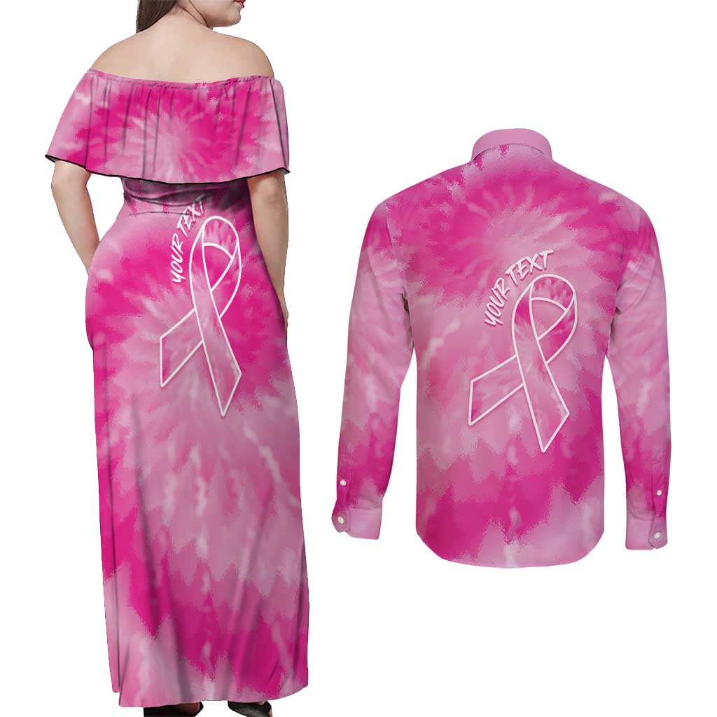 Personalized Breast Cancer Awareness Couples Matching Off Shoulder Maxi Dress and Long Sleeve Button Shirt Think Pink Tie Dye Ribbon - Wonder Print Shop