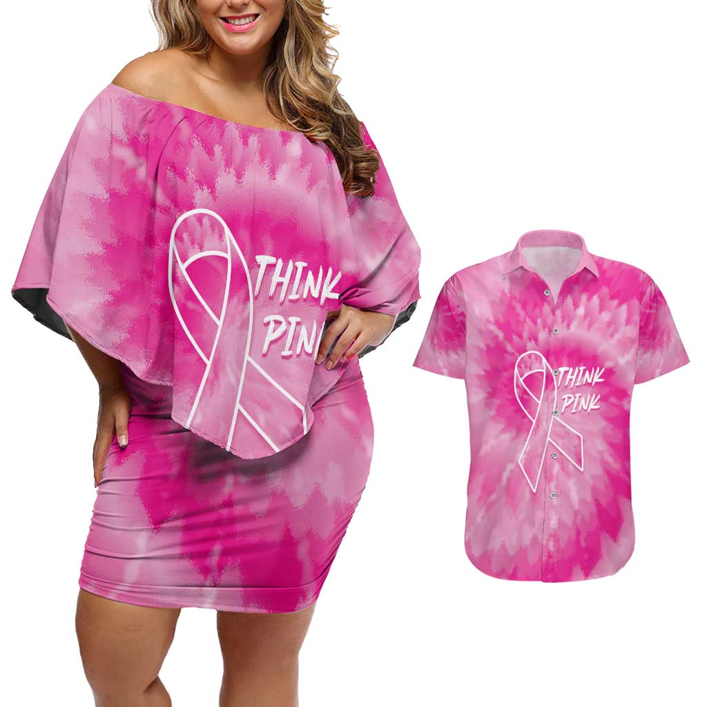 Personalized Breast Cancer Awareness Couples Matching Off Shoulder Short Dress and Hawaiian Shirt Think Pink Tie Dye Ribbon - Wonder Print Shop
