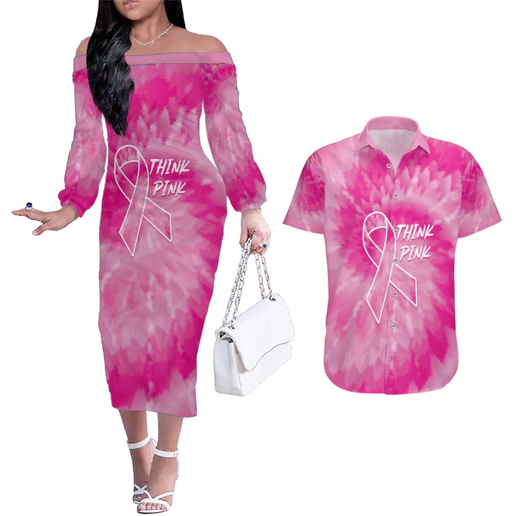 Personalized Breast Cancer Awareness Couples Matching Off The Shoulder Long Sleeve Dress and Hawaiian Shirt Think Pink Tie Dye Ribbon - Wonder Print Shop