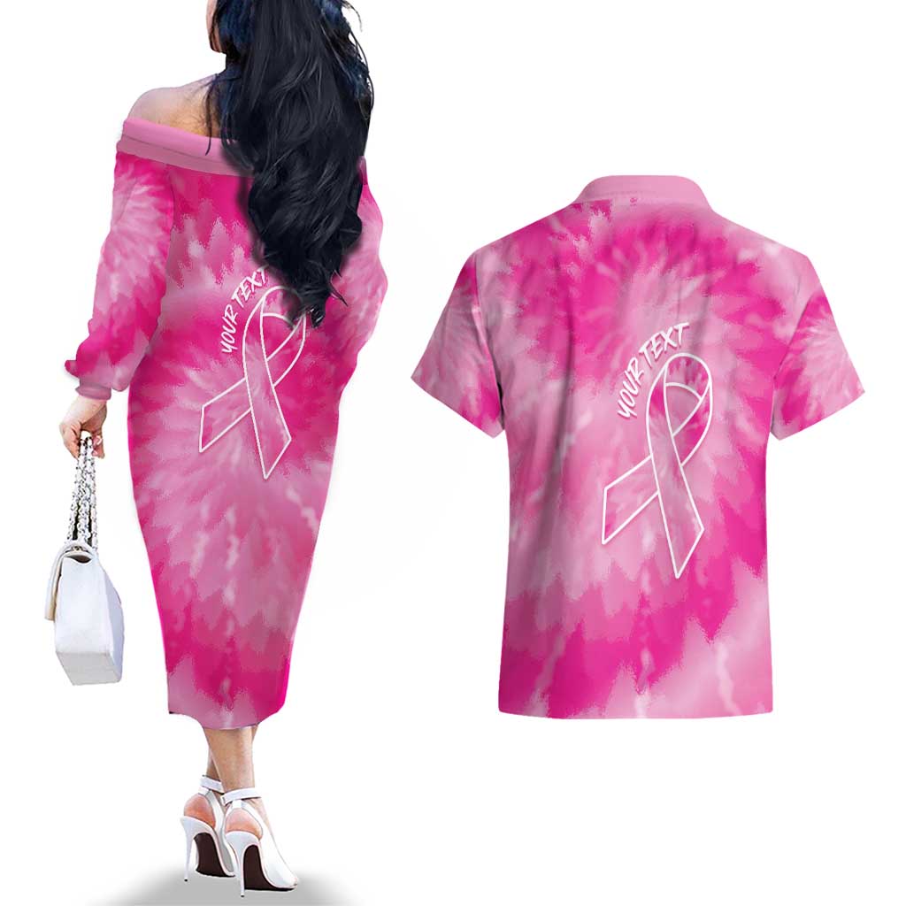 Personalized Breast Cancer Awareness Couples Matching Off The Shoulder Long Sleeve Dress and Hawaiian Shirt Think Pink Tie Dye Ribbon - Wonder Print Shop