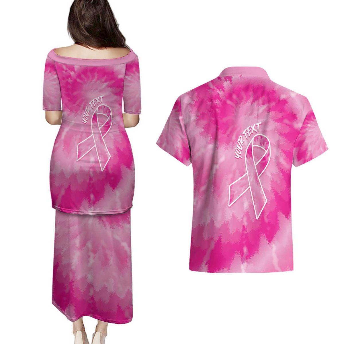 Personalized Breast Cancer Awareness Couples Matching Puletasi and Hawaiian Shirt Think Pink Tie Dye Ribbon - Wonder Print Shop