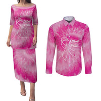 Personalized Breast Cancer Awareness Couples Matching Puletasi and Long Sleeve Button Shirt Think Pink Tie Dye Ribbon - Wonder Print Shop
