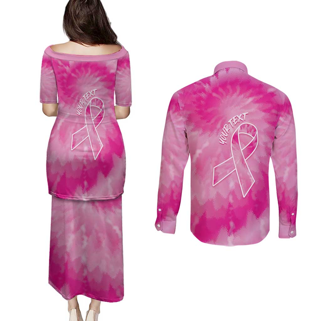 Personalized Breast Cancer Awareness Couples Matching Puletasi and Long Sleeve Button Shirt Think Pink Tie Dye Ribbon - Wonder Print Shop