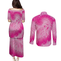 Personalized Breast Cancer Awareness Couples Matching Puletasi and Long Sleeve Button Shirt Think Pink Tie Dye Ribbon - Wonder Print Shop