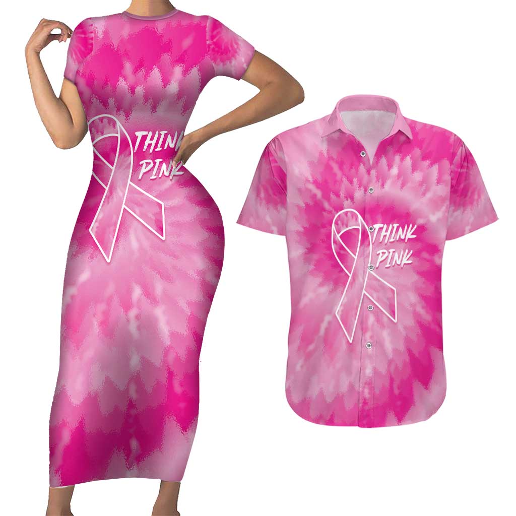 Personalized Breast Cancer Awareness Couples Matching Short Sleeve Bodycon Dress and Hawaiian Shirt Think Pink Tie Dye Ribbon - Wonder Print Shop