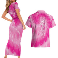 Personalized Breast Cancer Awareness Couples Matching Short Sleeve Bodycon Dress and Hawaiian Shirt Think Pink Tie Dye Ribbon - Wonder Print Shop