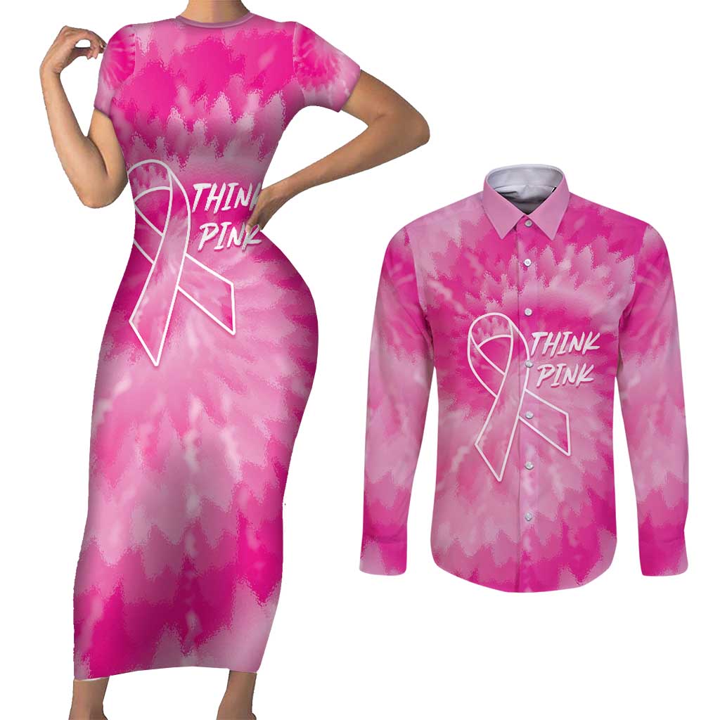 Personalized Breast Cancer Awareness Couples Matching Short Sleeve Bodycon Dress and Long Sleeve Button Shirt Think Pink Tie Dye Ribbon - Wonder Print Shop