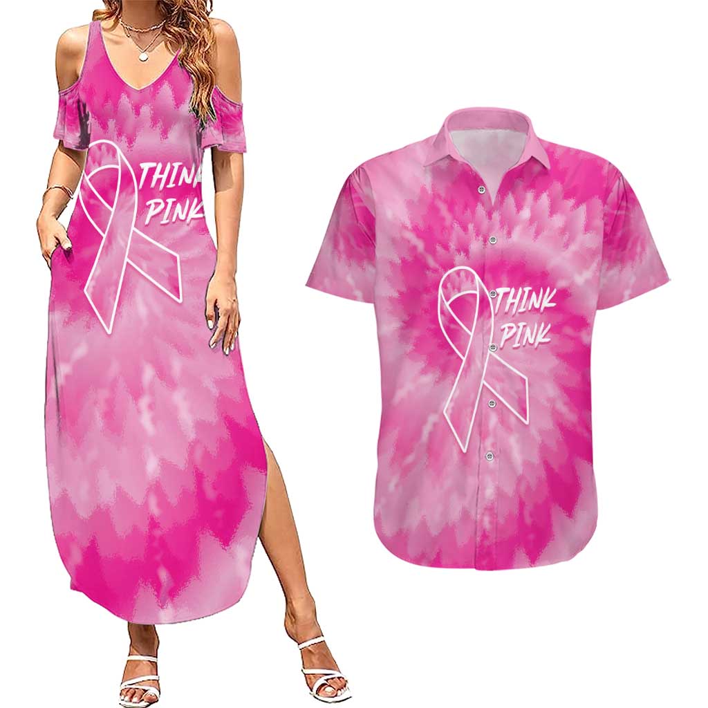 Personalized Breast Cancer Awareness Couples Matching Summer Maxi Dress and Hawaiian Shirt Think Pink Tie Dye Ribbon - Wonder Print Shop
