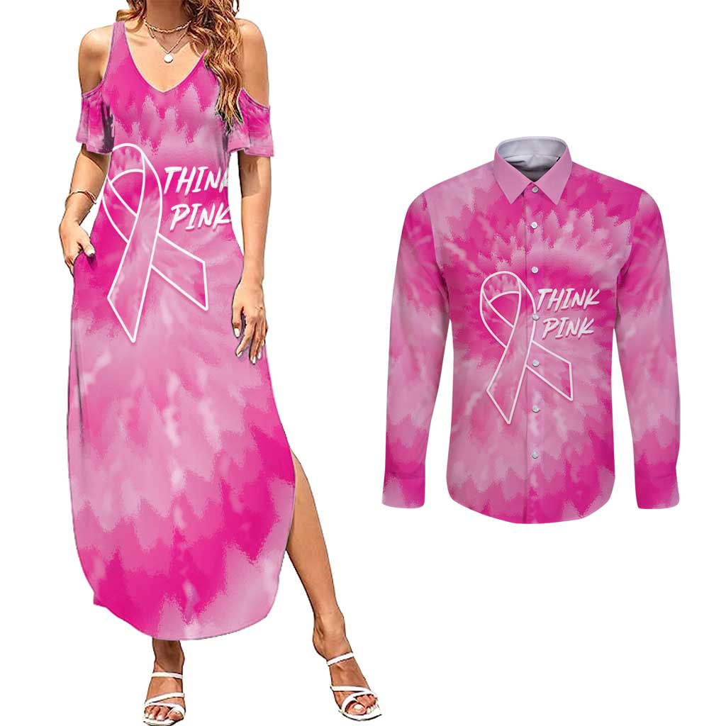 Personalized Breast Cancer Awareness Couples Matching Summer Maxi Dress and Long Sleeve Button Shirt Think Pink Tie Dye Ribbon - Wonder Print Shop