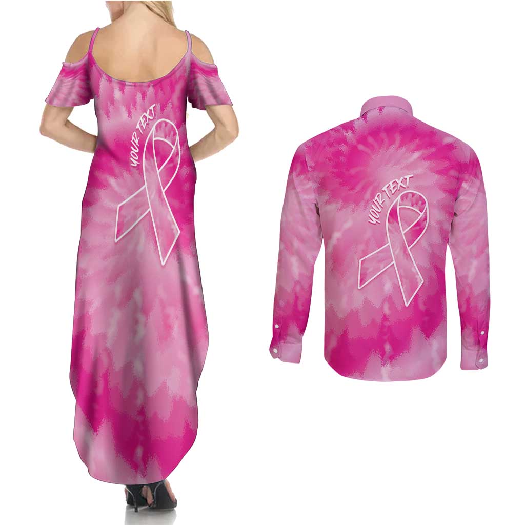 Personalized Breast Cancer Awareness Couples Matching Summer Maxi Dress and Long Sleeve Button Shirt Think Pink Tie Dye Ribbon - Wonder Print Shop