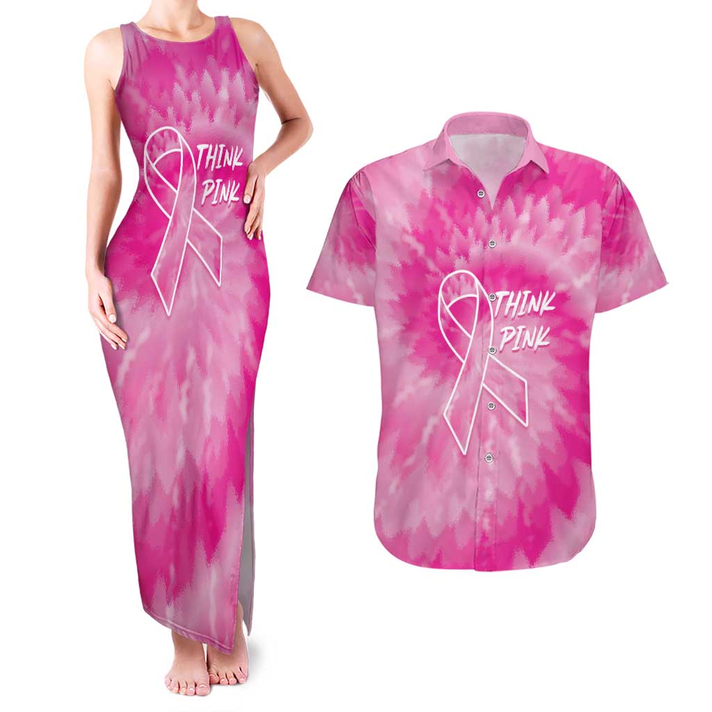 Personalized Breast Cancer Awareness Couples Matching Tank Maxi Dress and Hawaiian Shirt Think Pink Tie Dye Ribbon - Wonder Print Shop