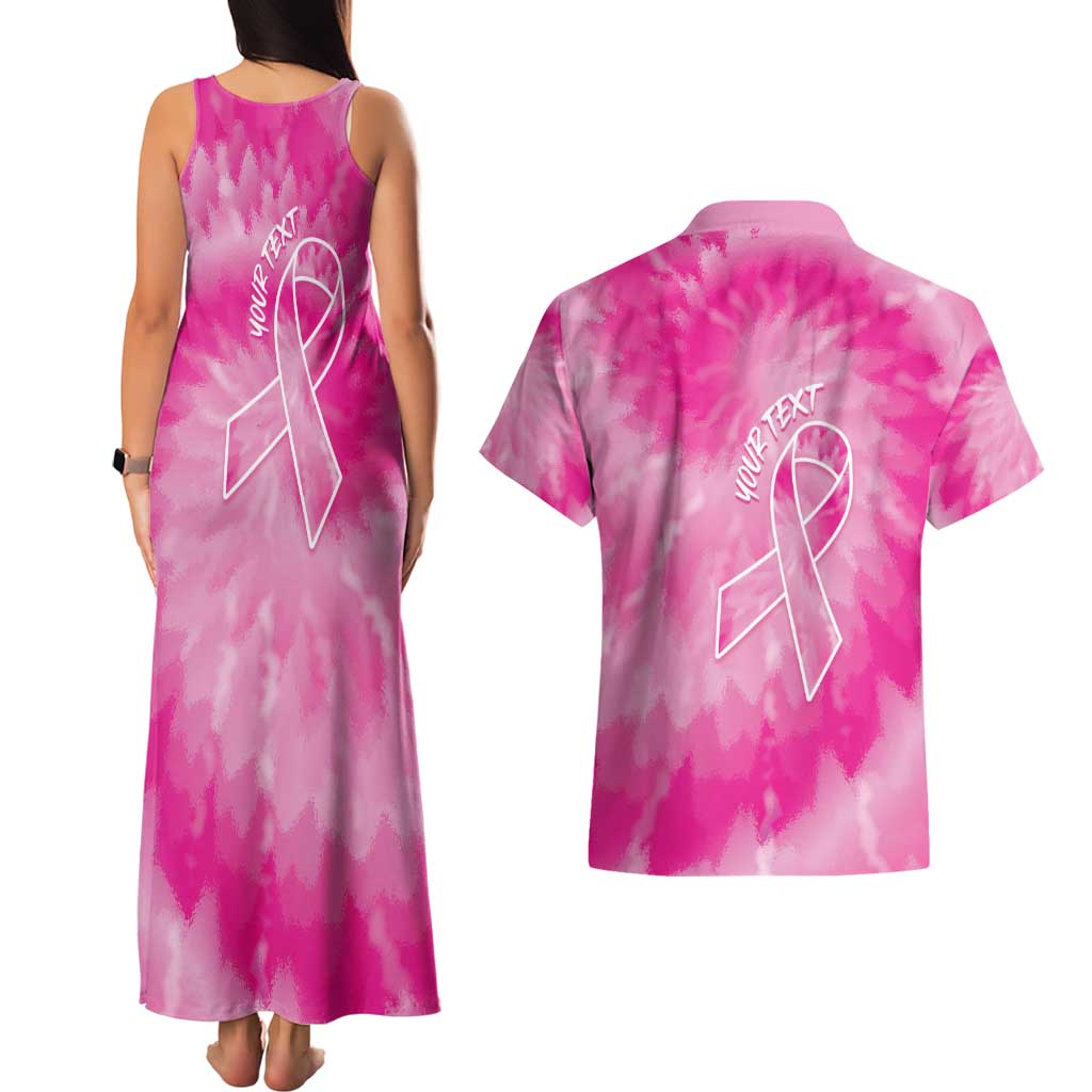 Personalized Breast Cancer Awareness Couples Matching Tank Maxi Dress and Hawaiian Shirt Think Pink Tie Dye Ribbon - Wonder Print Shop