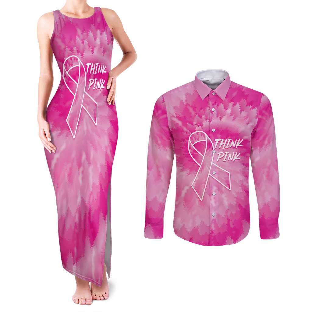 Personalized Breast Cancer Awareness Couples Matching Tank Maxi Dress and Long Sleeve Button Shirt Think Pink Tie Dye Ribbon - Wonder Print Shop