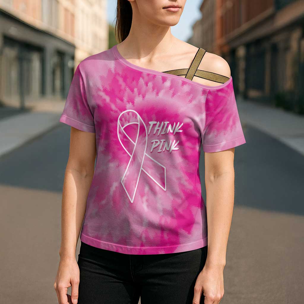 Breast Cancer Awareness Cross Shoulder Shirt Think Pink Tie Dye Ribbon - Wonder Print Shop