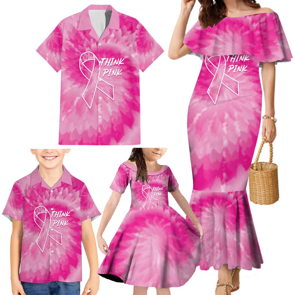 Personalized Breast Cancer Awareness Family Matching Mermaid Dress and Hawaiian Shirt Think Pink Tie Dye Ribbon - Wonder Print Shop