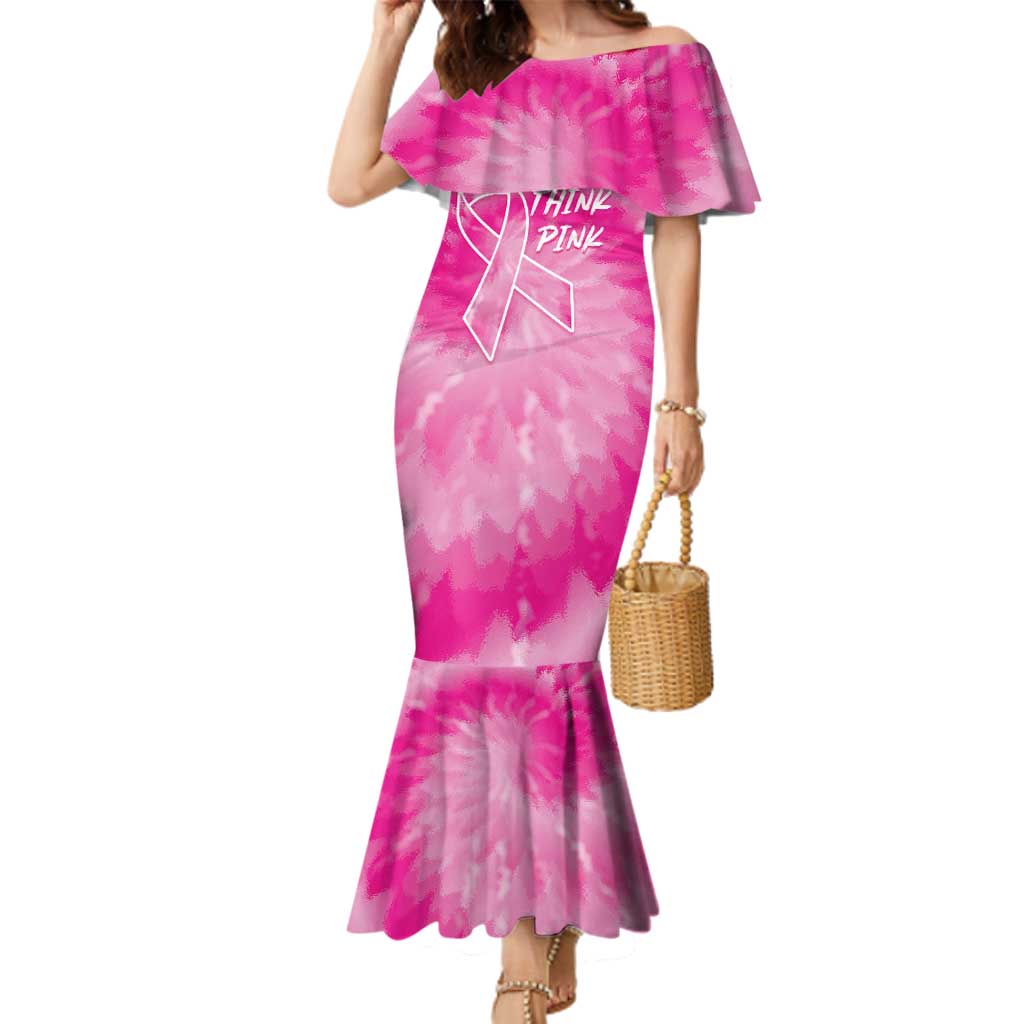 Personalized Breast Cancer Awareness Family Matching Mermaid Dress and Hawaiian Shirt Think Pink Tie Dye Ribbon - Wonder Print Shop