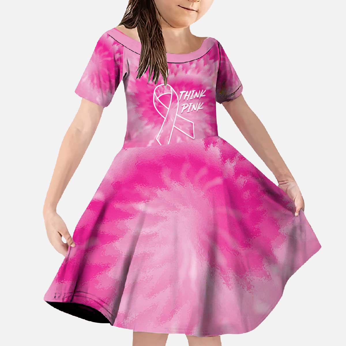 Personalized Breast Cancer Awareness Family Matching Off The Shoulder Long Sleeve Dress and Hawaiian Shirt Think Pink Tie Dye Ribbon - Wonder Print Shop