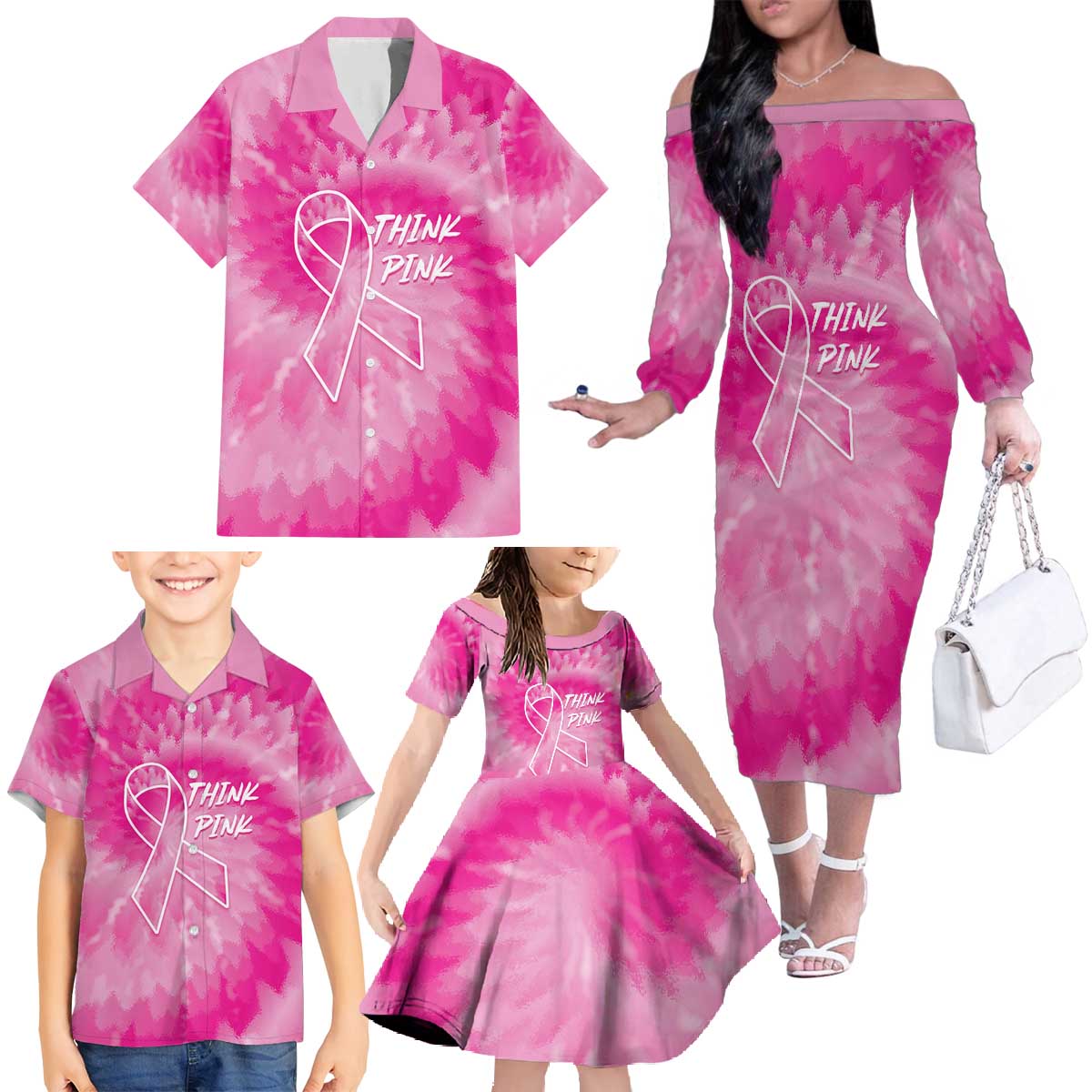 Personalized Breast Cancer Awareness Family Matching Off The Shoulder Long Sleeve Dress and Hawaiian Shirt Think Pink Tie Dye Ribbon - Wonder Print Shop