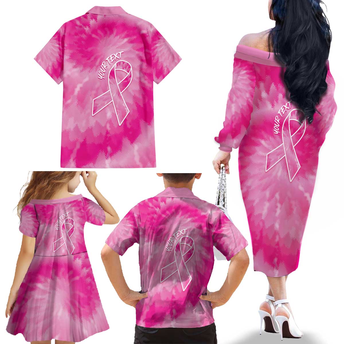 Personalized Breast Cancer Awareness Family Matching Off The Shoulder Long Sleeve Dress and Hawaiian Shirt Think Pink Tie Dye Ribbon - Wonder Print Shop